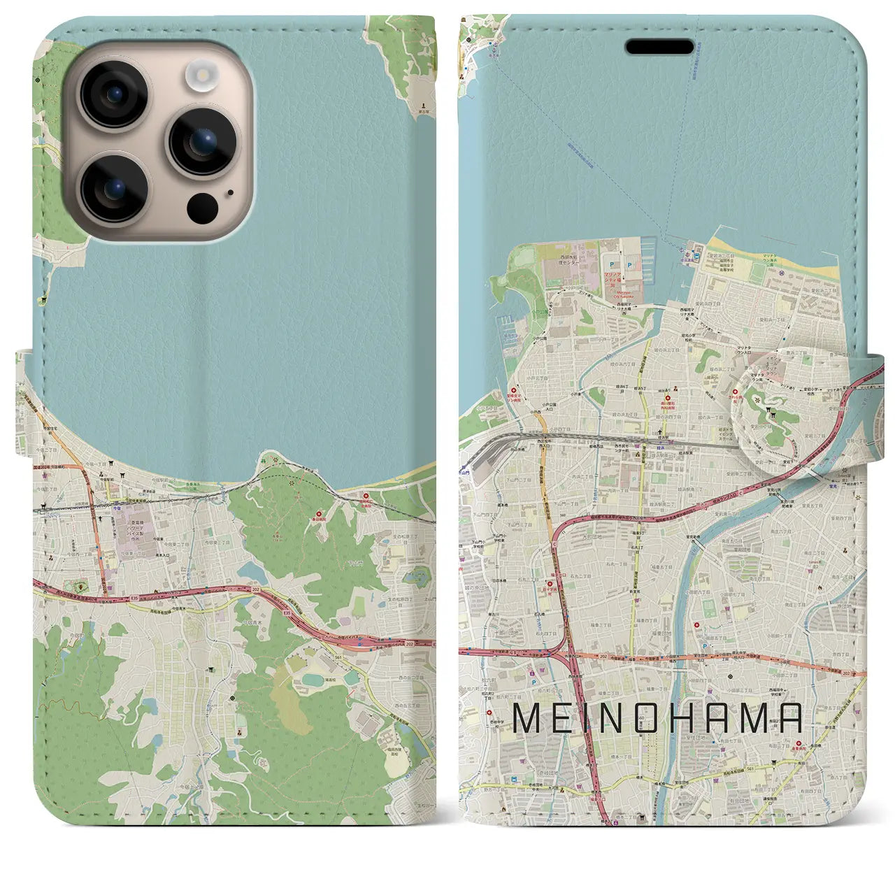 【姪浜（福岡県）】地図柄iPhoneケース（手帳タイプ）ナチュラル・iPhone 16 Plus 用