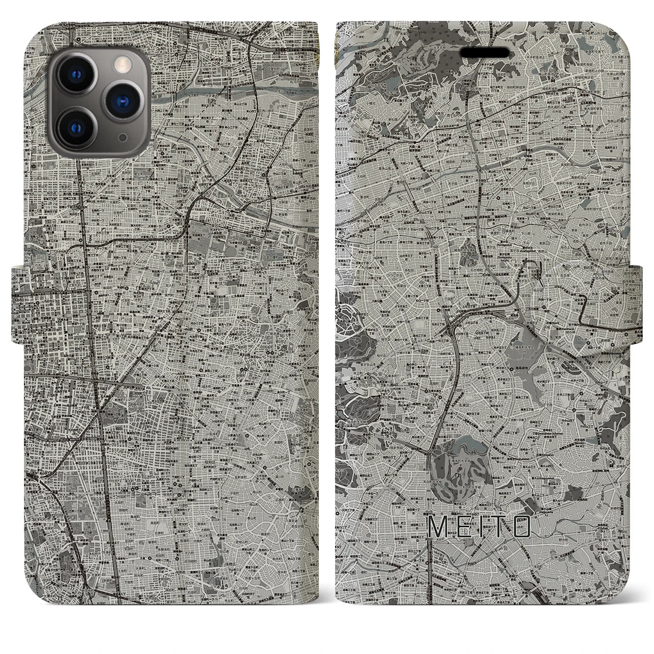 【名東】地図柄iPhoneケース（手帳両面タイプ・モノトーン）iPhone 11 Pro Max 用