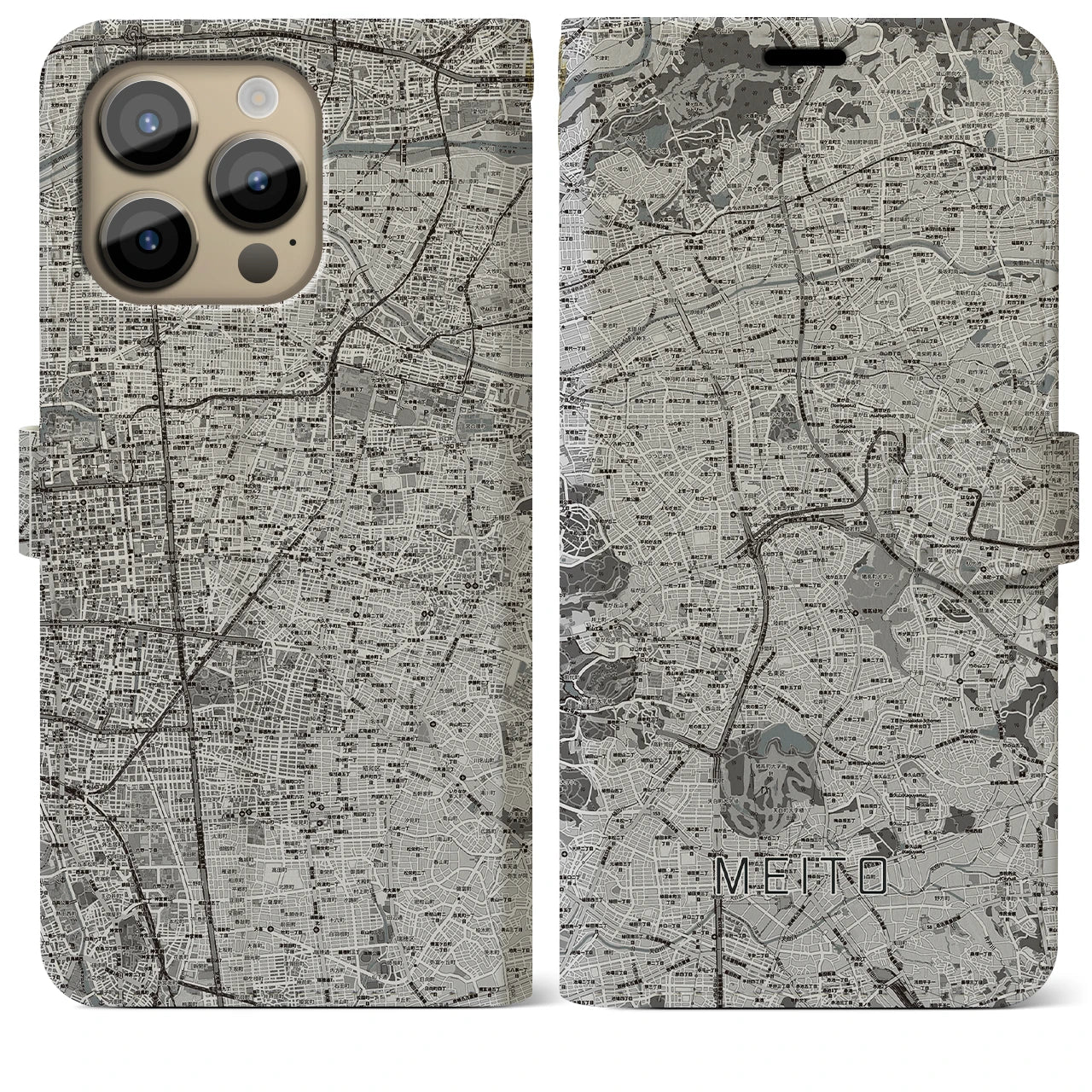 【名東】地図柄iPhoneケース（手帳両面タイプ・モノトーン）iPhone 14 Pro Max 用