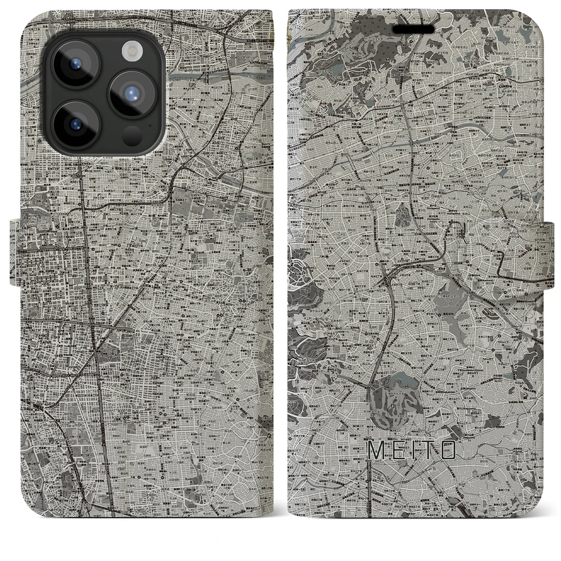 【名東】地図柄iPhoneケース（手帳両面タイプ・モノトーン）iPhone 15 Pro Max 用