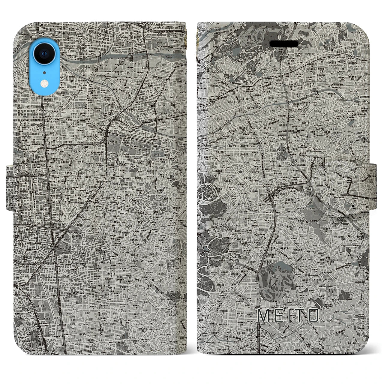 【名東】地図柄iPhoneケース（手帳両面タイプ・モノトーン）iPhone XR 用