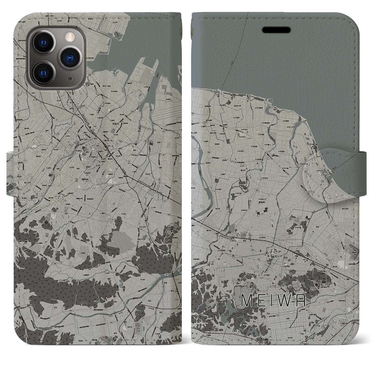 【明和】地図柄iPhoneケース（手帳両面タイプ・モノトーン）iPhone 11 Pro Max 用