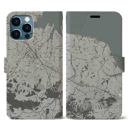 【明和（三重県）】地図柄iPhoneケース（手帳タイプ）モノトーン・iPhone 12 / 12 Pro 用