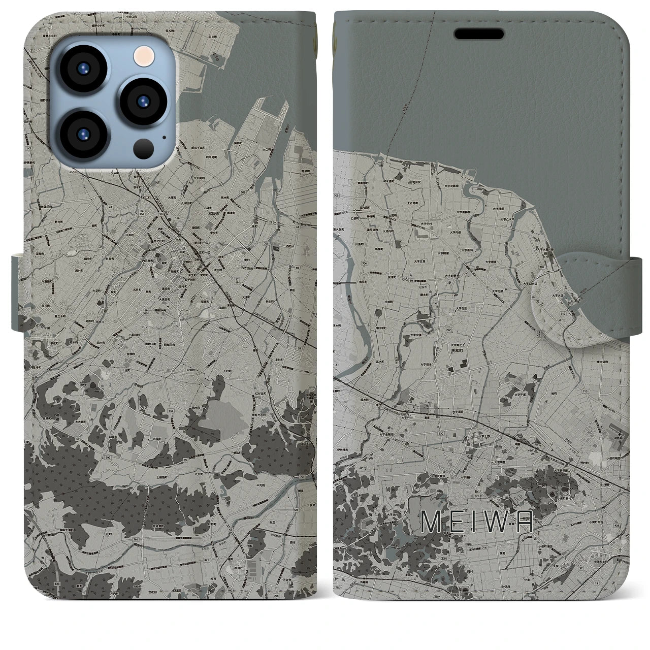【明和】地図柄iPhoneケース（手帳両面タイプ・モノトーン）iPhone 13 Pro Max 用