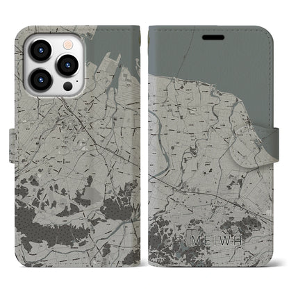 【明和（三重県）】地図柄iPhoneケース（手帳タイプ）モノトーン・iPhone 13 Pro 用