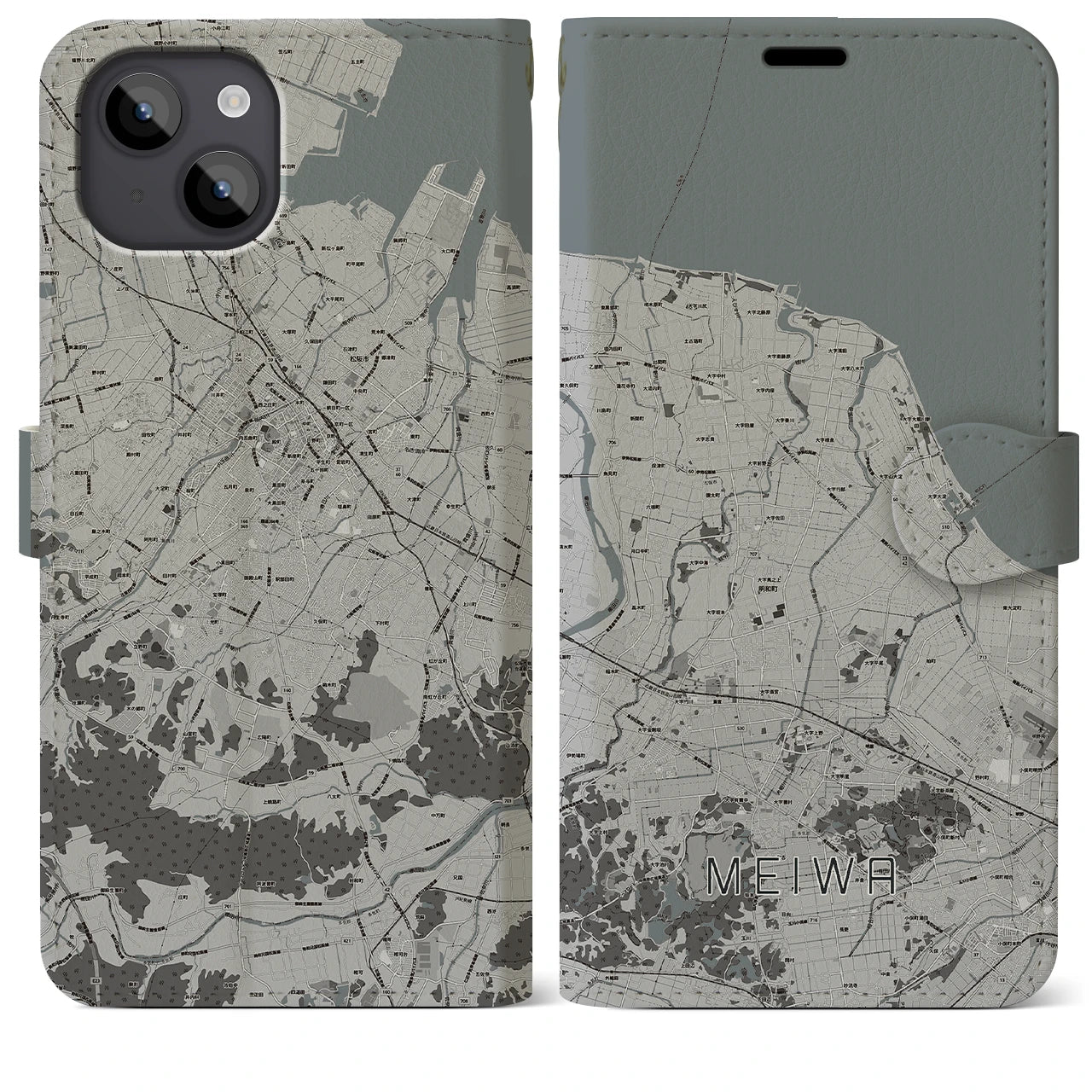 【明和】地図柄iPhoneケース（手帳両面タイプ・モノトーン）iPhone 14 Plus 用