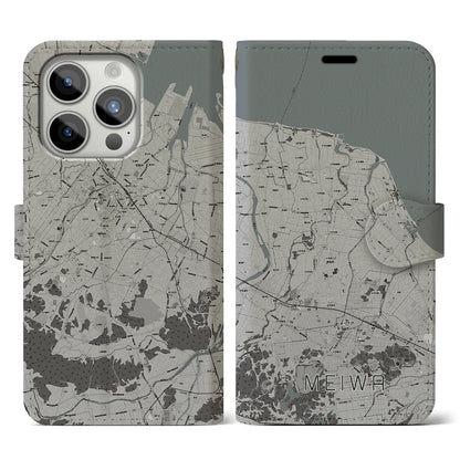 【明和（三重県）】地図柄iPhoneケース（手帳タイプ）モノトーン・iPhone 15 Pro 用