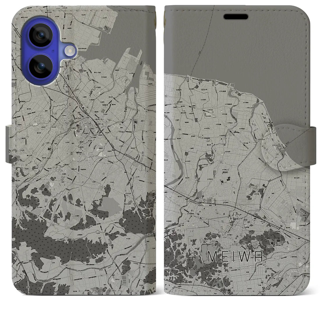 【明和(三重県)】地図柄iPhoneケース(手帳タイプ)モノトーン・iPhone 16 Pro Max 用