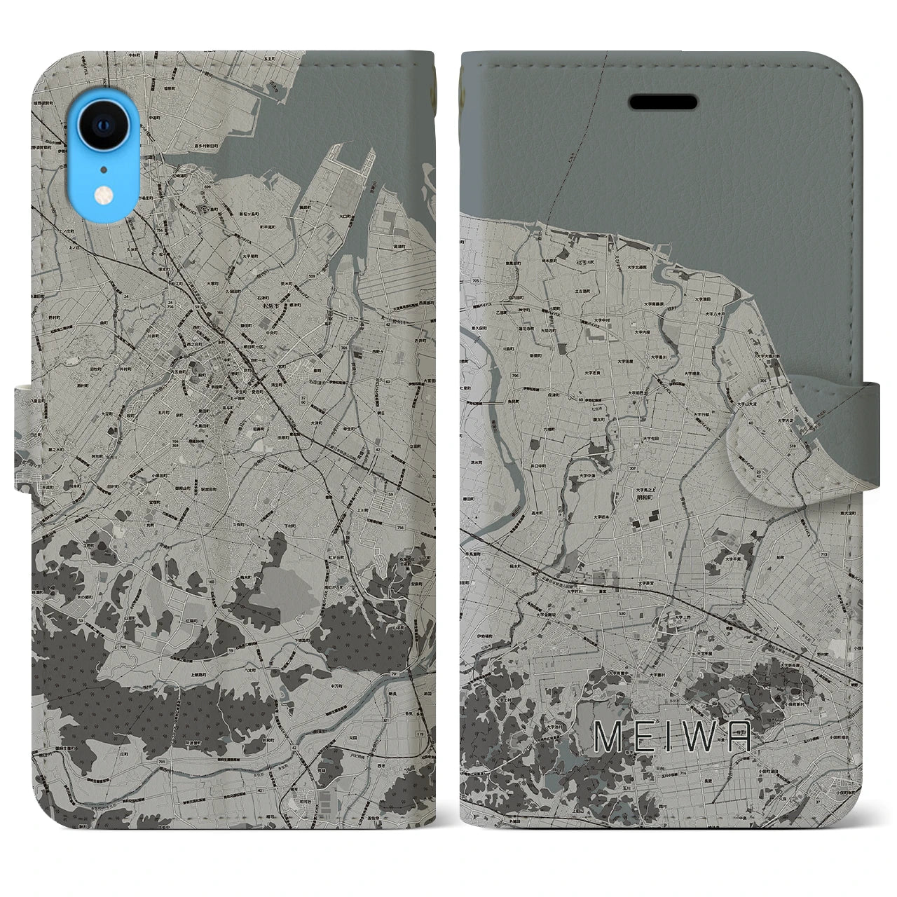 【明和】地図柄iPhoneケース（手帳両面タイプ・モノトーン）iPhone XR 用