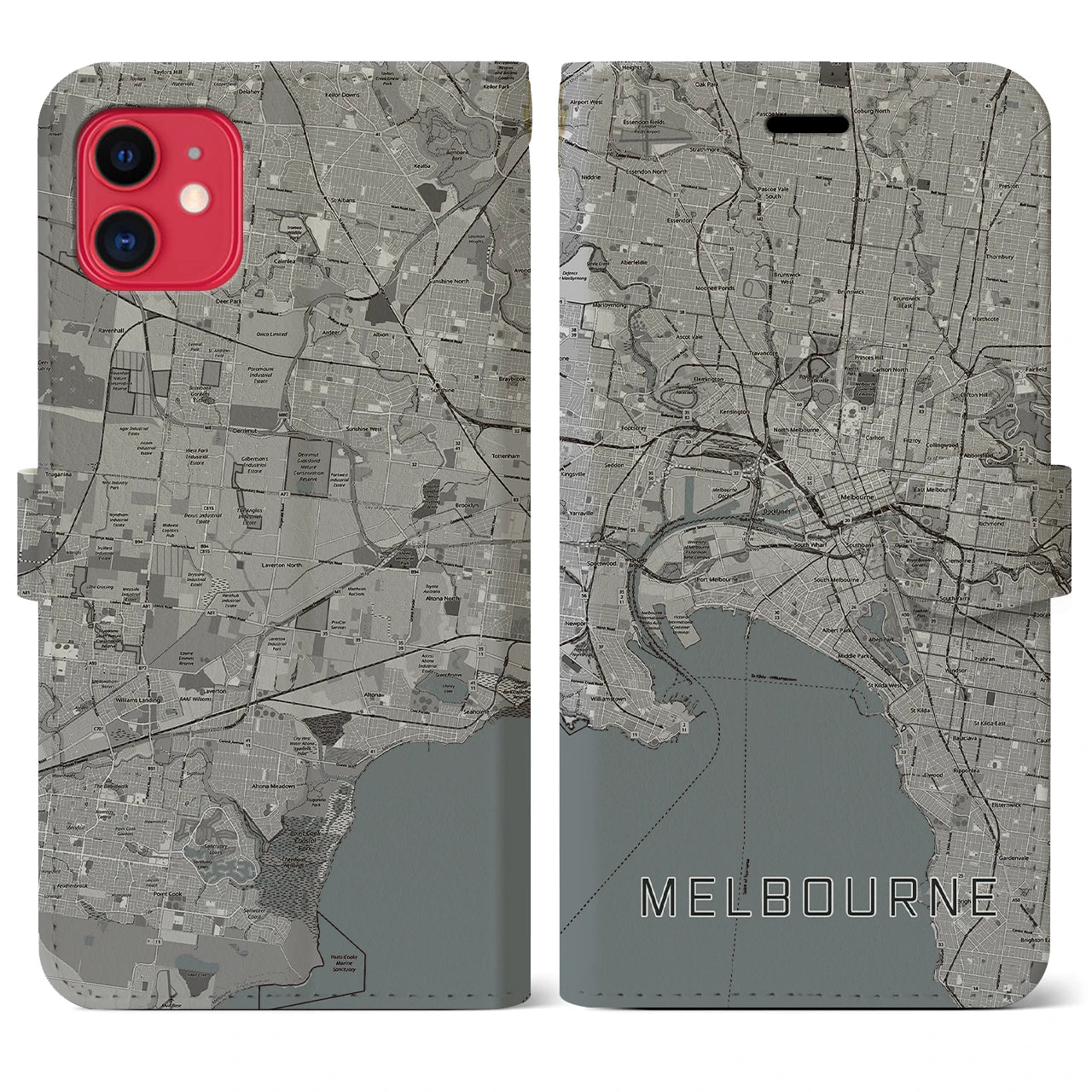 【メルボルン】地図柄iPhoneケース（手帳両面タイプ・モノトーン）iPhone 11 用