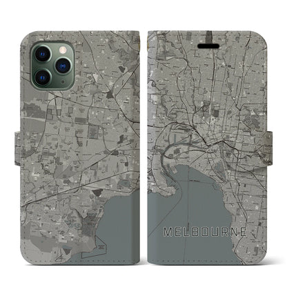 【メルボルン（オーストラリア）】地図柄iPhoneケース（手帳タイプ）モノトーン・iPhone 11 Pro 用
