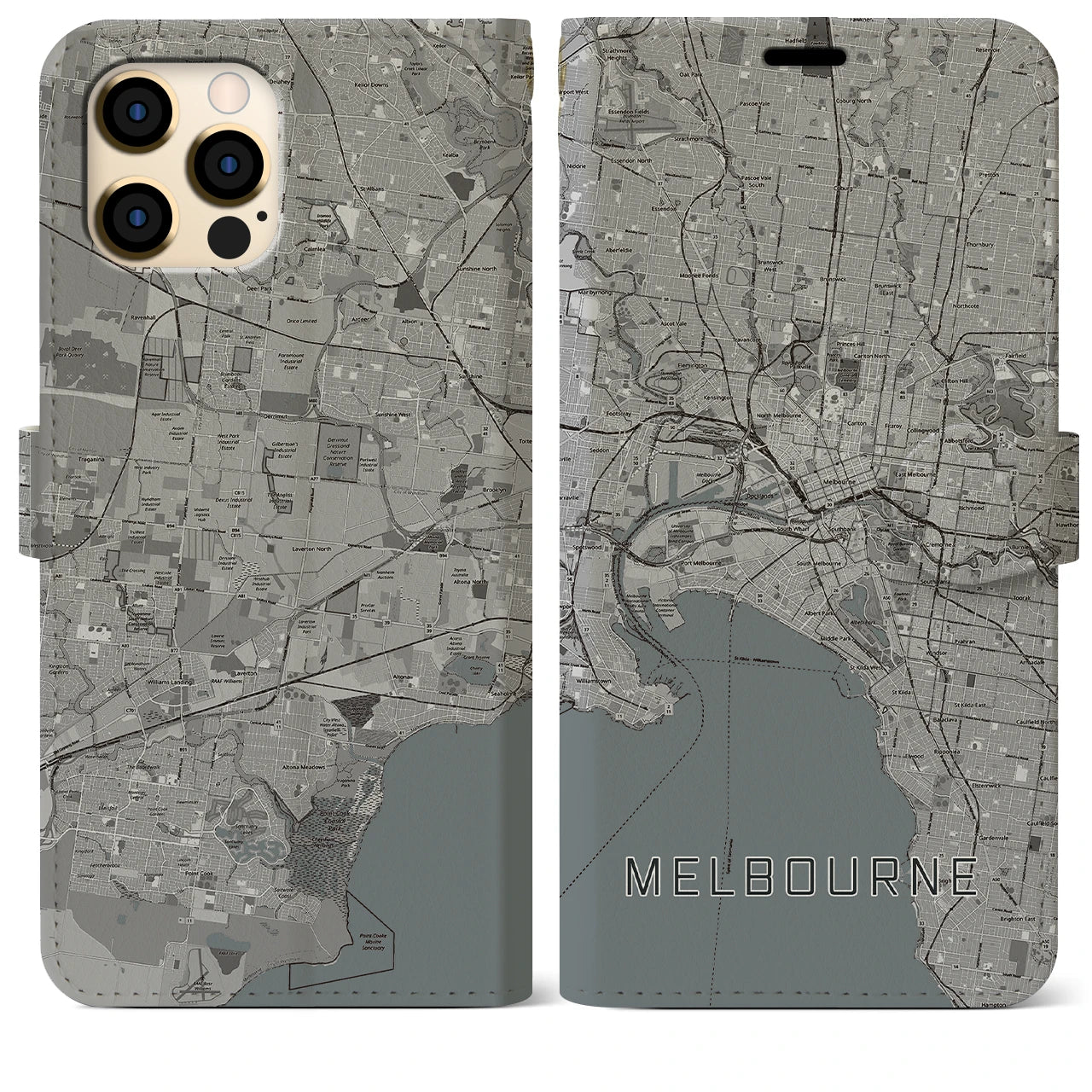 【メルボルン】地図柄iPhoneケース（手帳両面タイプ・モノトーン）iPhone 12 Pro Max 用