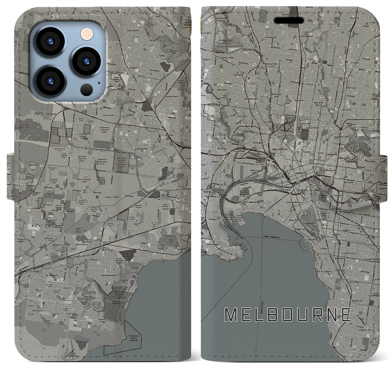 【メルボルン】地図柄iPhoneケース（手帳両面タイプ・モノトーン）iPhone 13 Pro Max 用