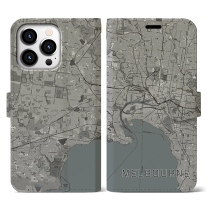 【メルボルン（オーストラリア）】地図柄iPhoneケース（手帳タイプ）モノトーン・iPhone 13 Pro 用