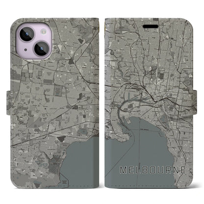 【メルボルン（オーストラリア）】地図柄iPhoneケース（手帳タイプ）モノトーン・iPhone 14 用