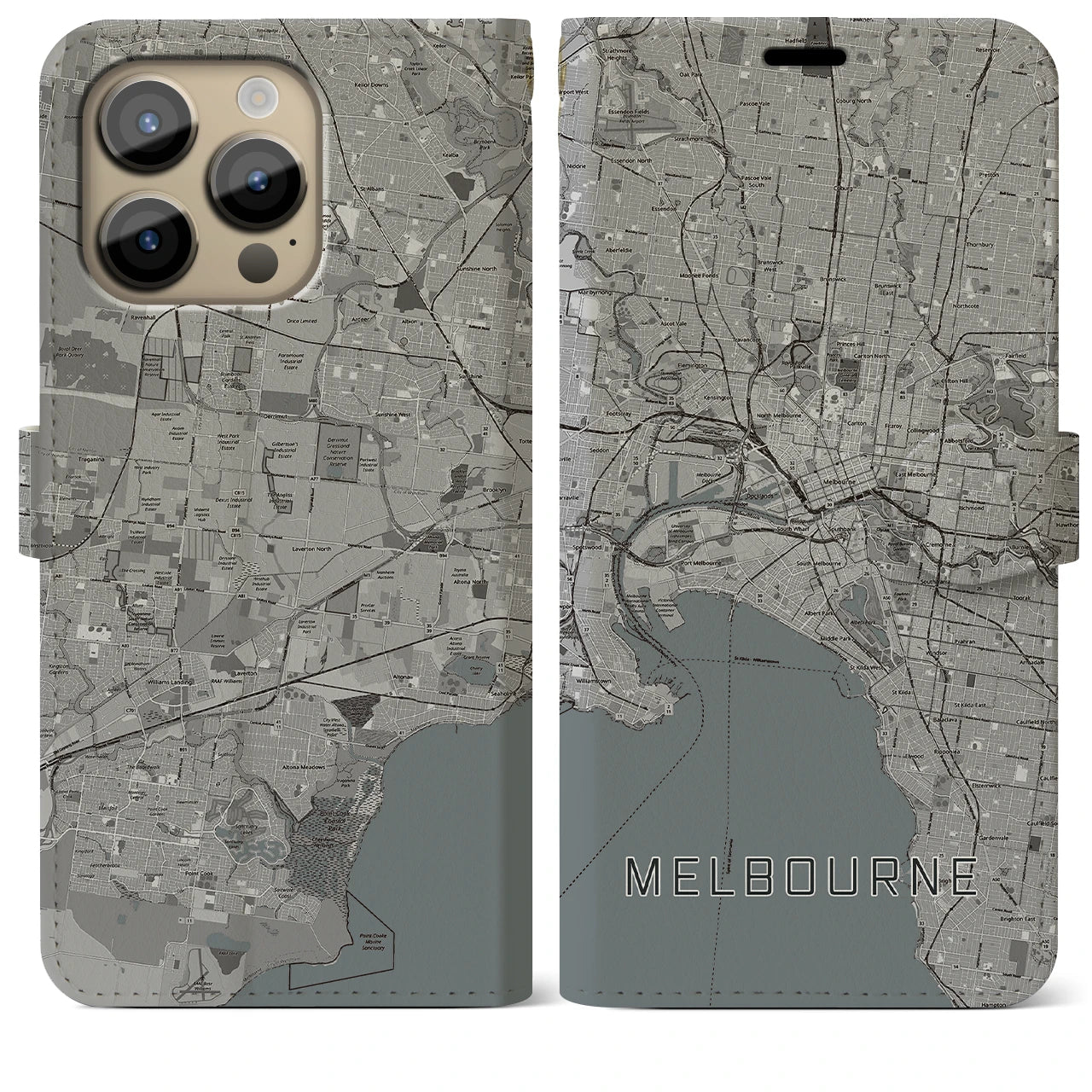 【メルボルン】地図柄iPhoneケース（手帳両面タイプ・モノトーン）iPhone 14 Pro Max 用