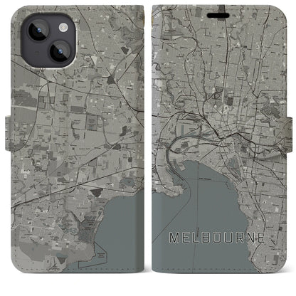 【メルボルン（オーストラリア）】地図柄iPhoneケース（手帳タイプ）モノトーン・iPhone 14 Plus 用