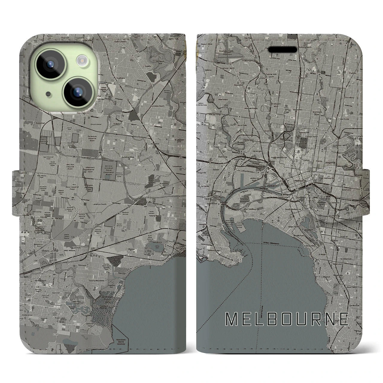 【メルボルン】地図柄iPhoneケース（手帳両面タイプ・モノトーン）iPhone 15 用