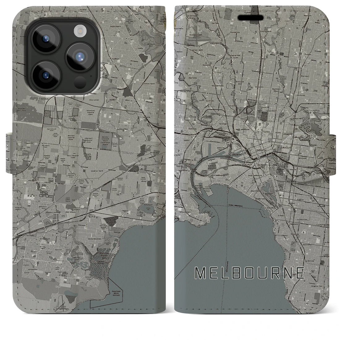 【メルボルン】地図柄iPhoneケース（手帳両面タイプ・モノトーン）iPhone 15 Pro Max 用