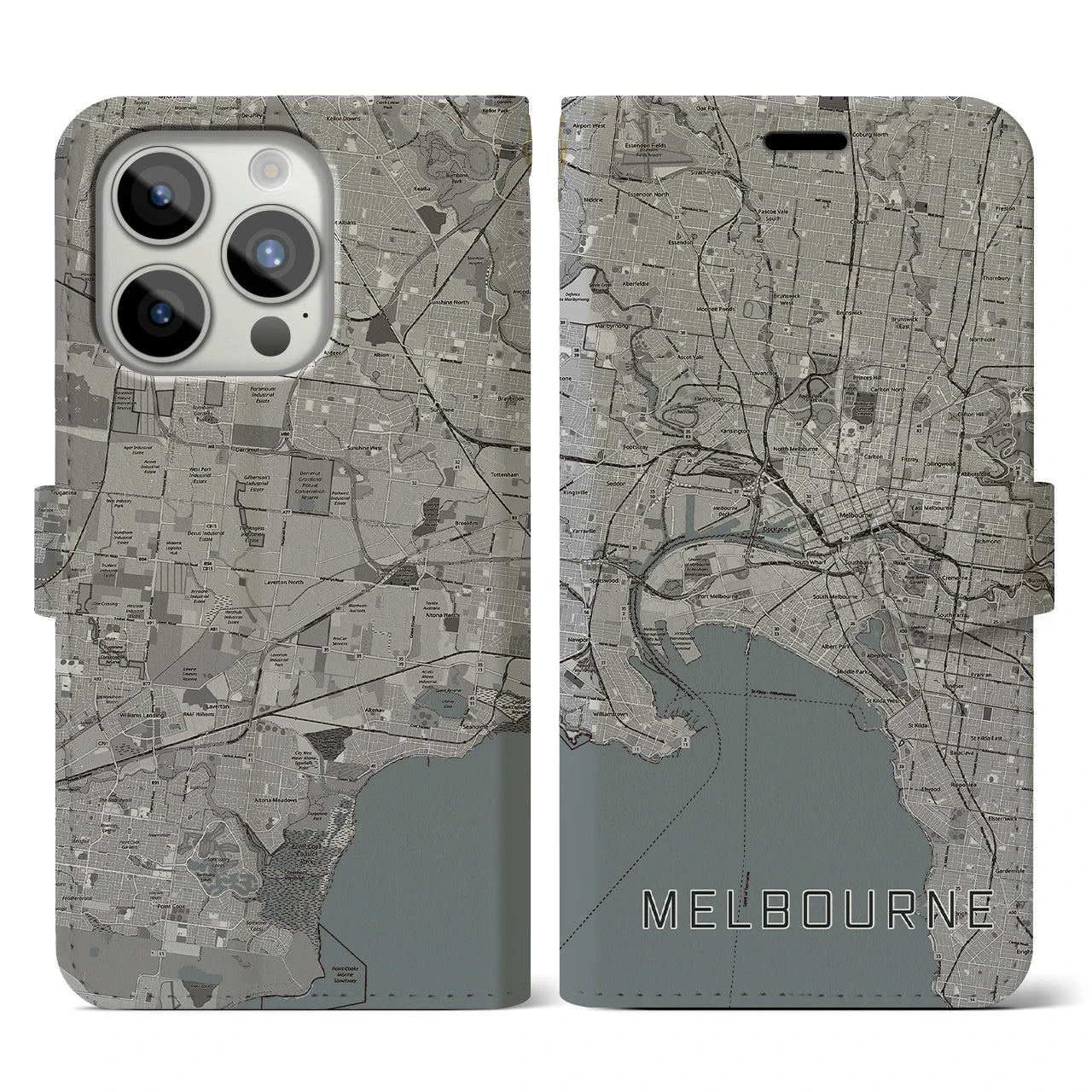 【メルボルン】地図柄iPhoneケース（手帳両面タイプ・モノトーン）iPhone 15 Pro 用