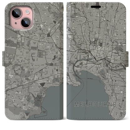 【メルボルン（オーストラリア）】地図柄iPhoneケース（手帳タイプ）モノトーン・iPhone 15 Plus 用