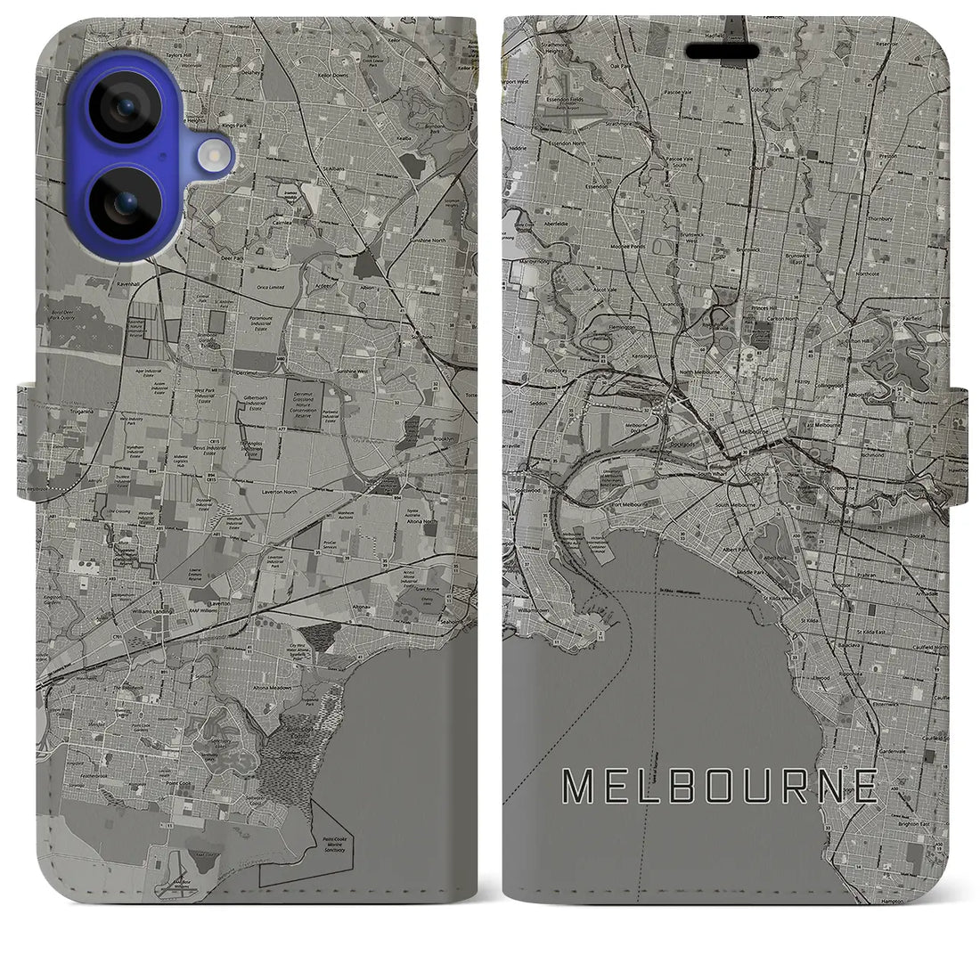 【メルボルン(オーストラリア)】地図柄iPhoneケース(手帳タイプ)モノトーン・iPhone 16 Pro Max 用