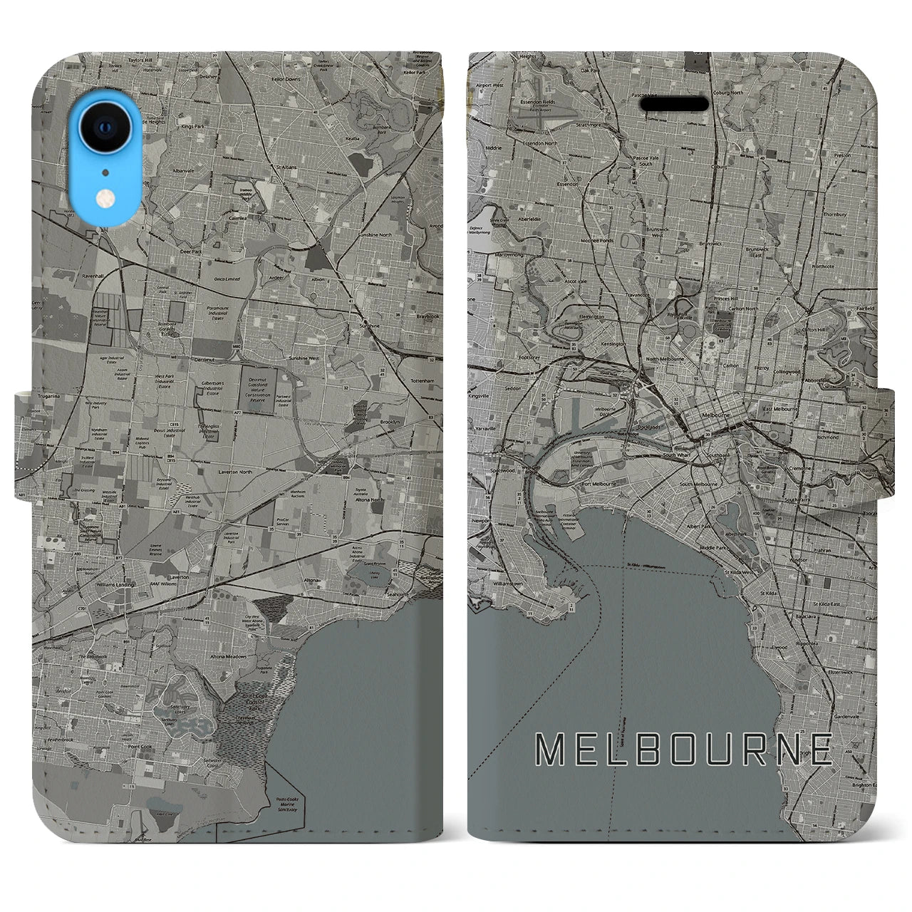 【メルボルン】地図柄iPhoneケース（手帳両面タイプ・モノトーン）iPhone XR 用