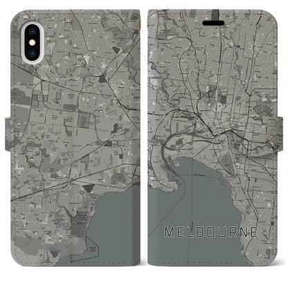 【メルボルン（オーストラリア）】地図柄iPhoneケース（手帳タイプ）モノトーン・iPhone XS Max 用