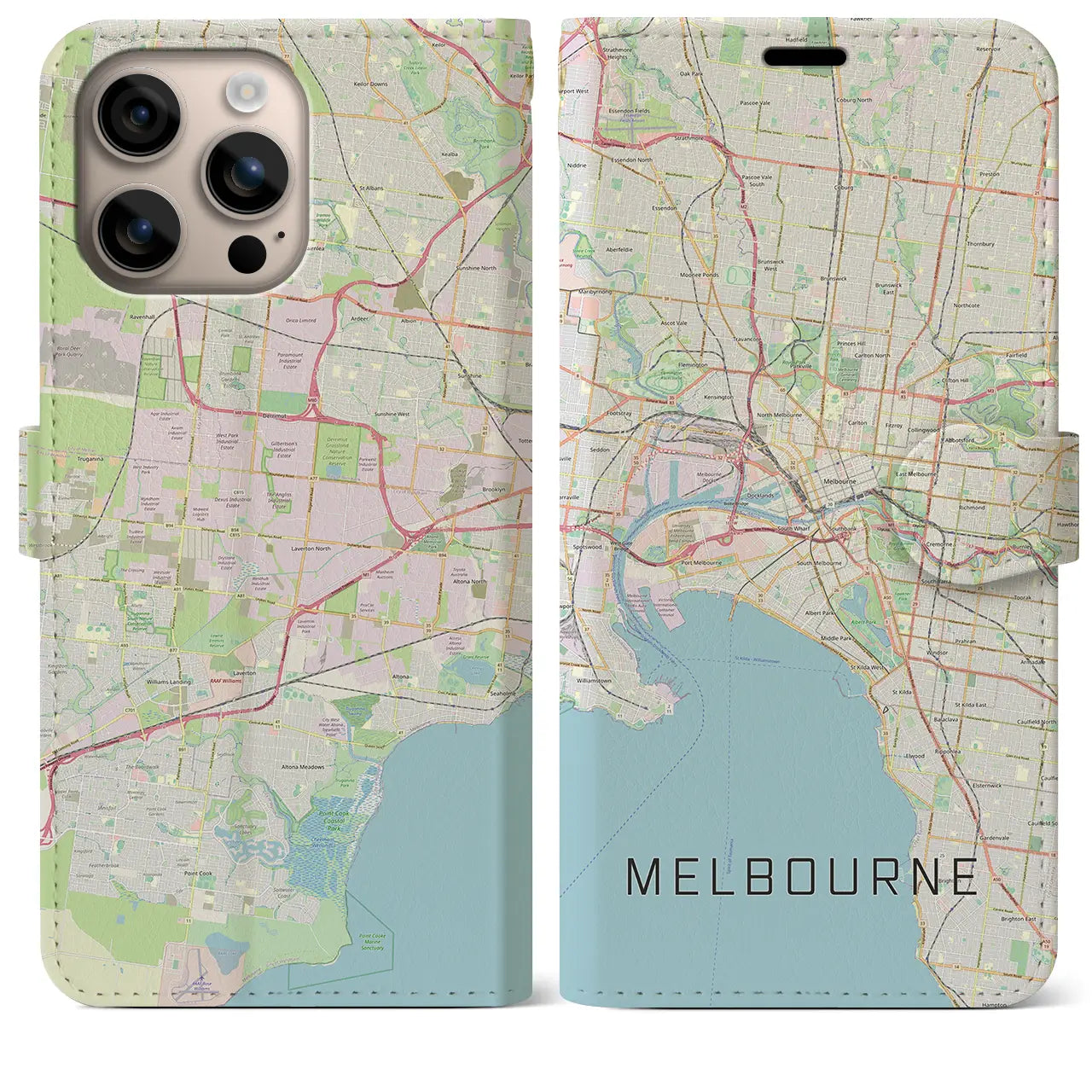 【メルボルン（オーストラリア）】地図柄iPhoneケース（手帳タイプ）ナチュラル・iPhone 16 Plus 用