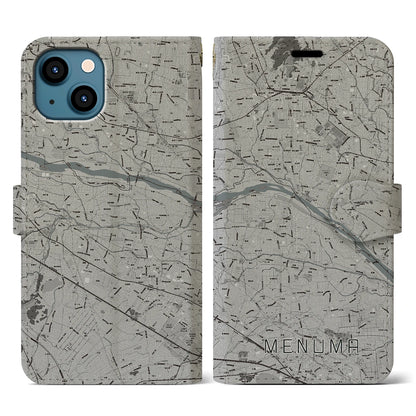 【妻沼（埼玉県）】地図柄iPhoneケース（手帳タイプ）モノトーン・iPhone 13 用