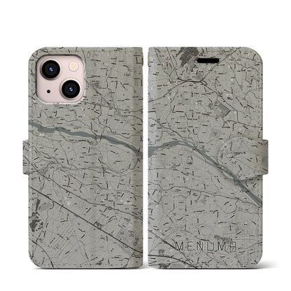 【妻沼（埼玉県）】地図柄iPhoneケース（手帳タイプ）モノトーン・iPhone 13 mini 用