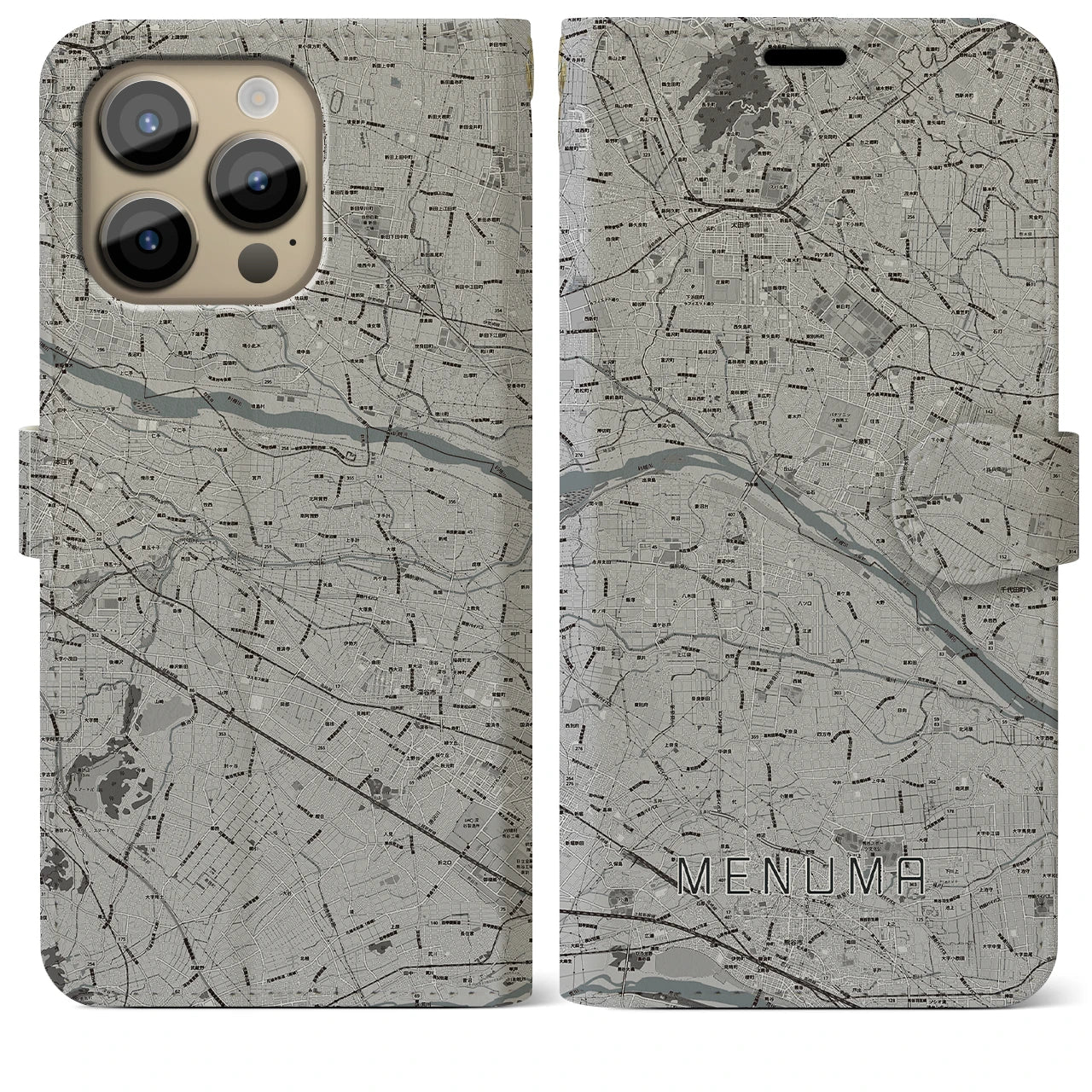 【妻沼】地図柄iPhoneケース（手帳両面タイプ・モノトーン）iPhone 14 Pro Max 用