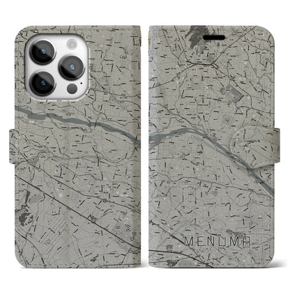 【妻沼（埼玉県）】地図柄iPhoneケース（手帳タイプ）モノトーン・iPhone 14 Pro 用