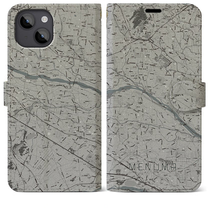 【妻沼（埼玉県）】地図柄iPhoneケース（手帳タイプ）モノトーン・iPhone 14 Plus 用