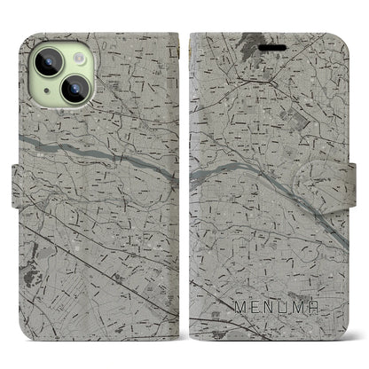 【妻沼（埼玉県）】地図柄iPhoneケース（手帳タイプ）モノトーン・iPhone 15 用