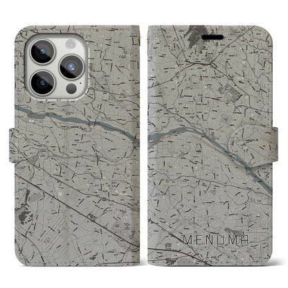 【妻沼（埼玉県）】地図柄iPhoneケース（手帳タイプ）モノトーン・iPhone 15 Pro 用