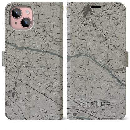 【妻沼（埼玉県）】地図柄iPhoneケース（手帳タイプ）モノトーン・iPhone 15 Plus 用