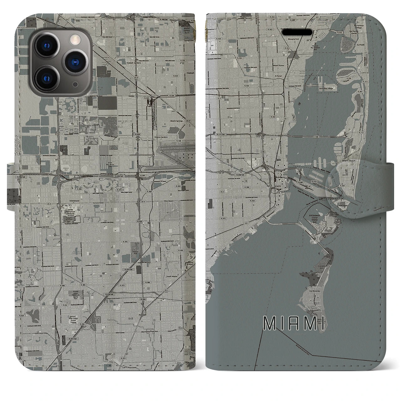 【マイアミ】地図柄iPhoneケース（手帳両面タイプ・モノトーン）iPhone 11 Pro Max 用