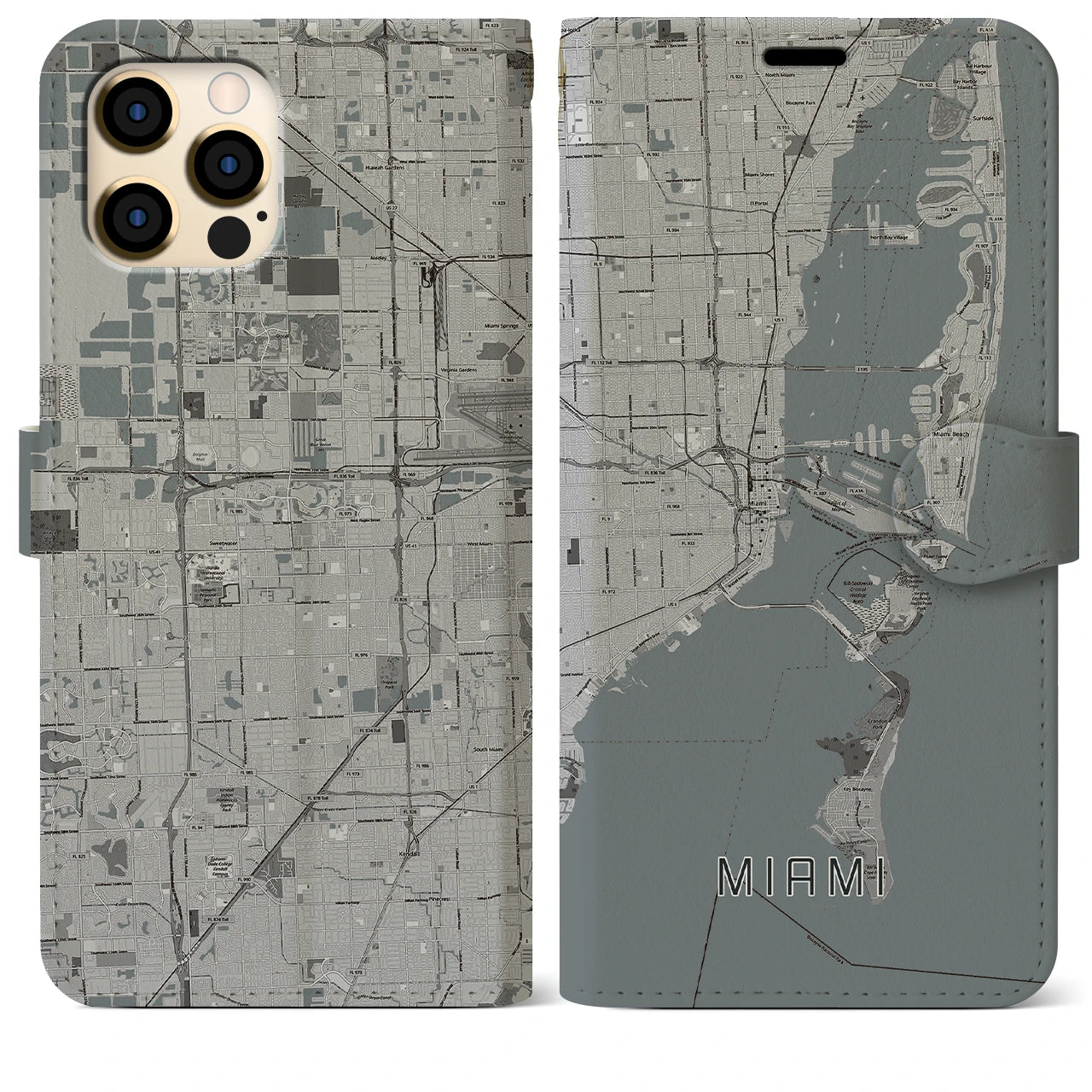 【マイアミ】地図柄iPhoneケース（手帳両面タイプ・モノトーン）iPhone 12 Pro Max 用