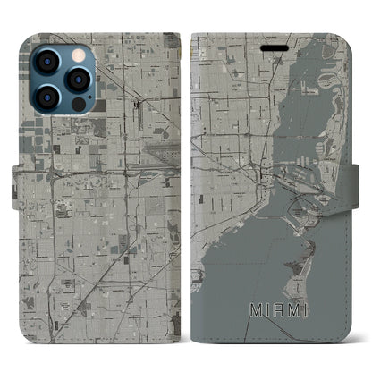 【マイアミ（アメリカ）】地図柄iPhoneケース（手帳タイプ）モノトーン・iPhone 12 / 12 Pro 用
