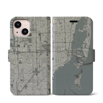 【マイアミ（アメリカ）】地図柄iPhoneケース（手帳タイプ）モノトーン・iPhone 13 mini 用