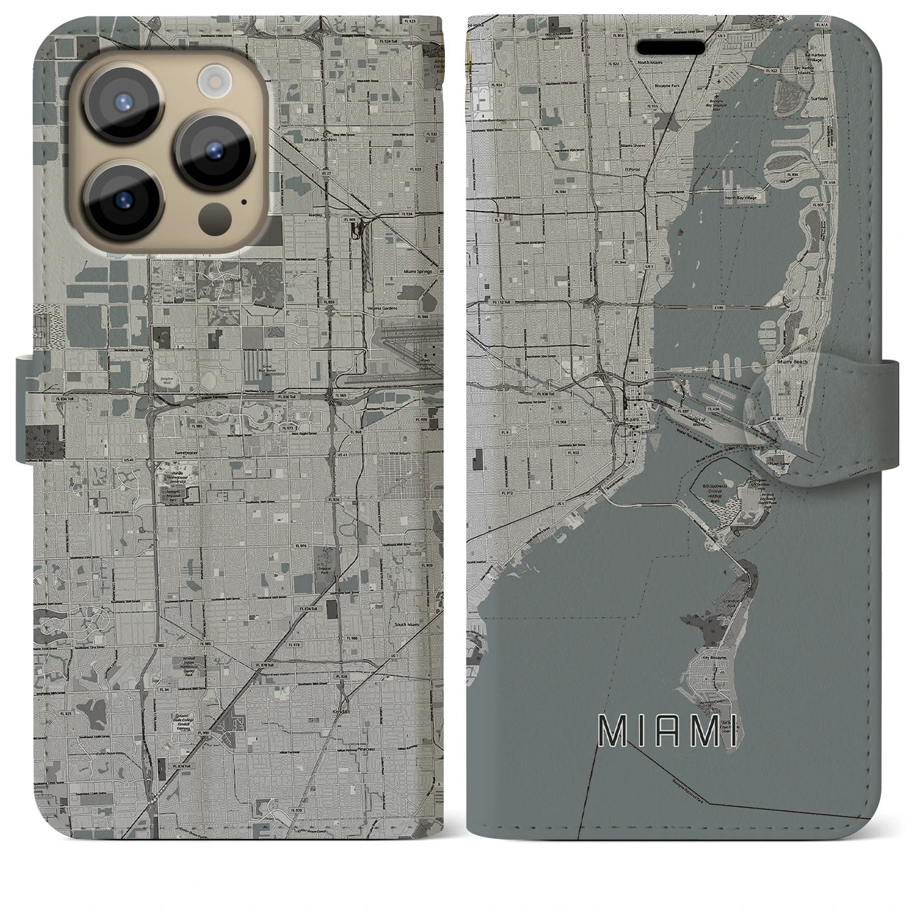 【マイアミ】地図柄iPhoneケース（手帳両面タイプ・モノトーン）iPhone 14 Pro Max 用