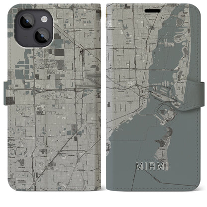 【マイアミ（アメリカ）】地図柄iPhoneケース（手帳タイプ）モノトーン・iPhone 14 Plus 用