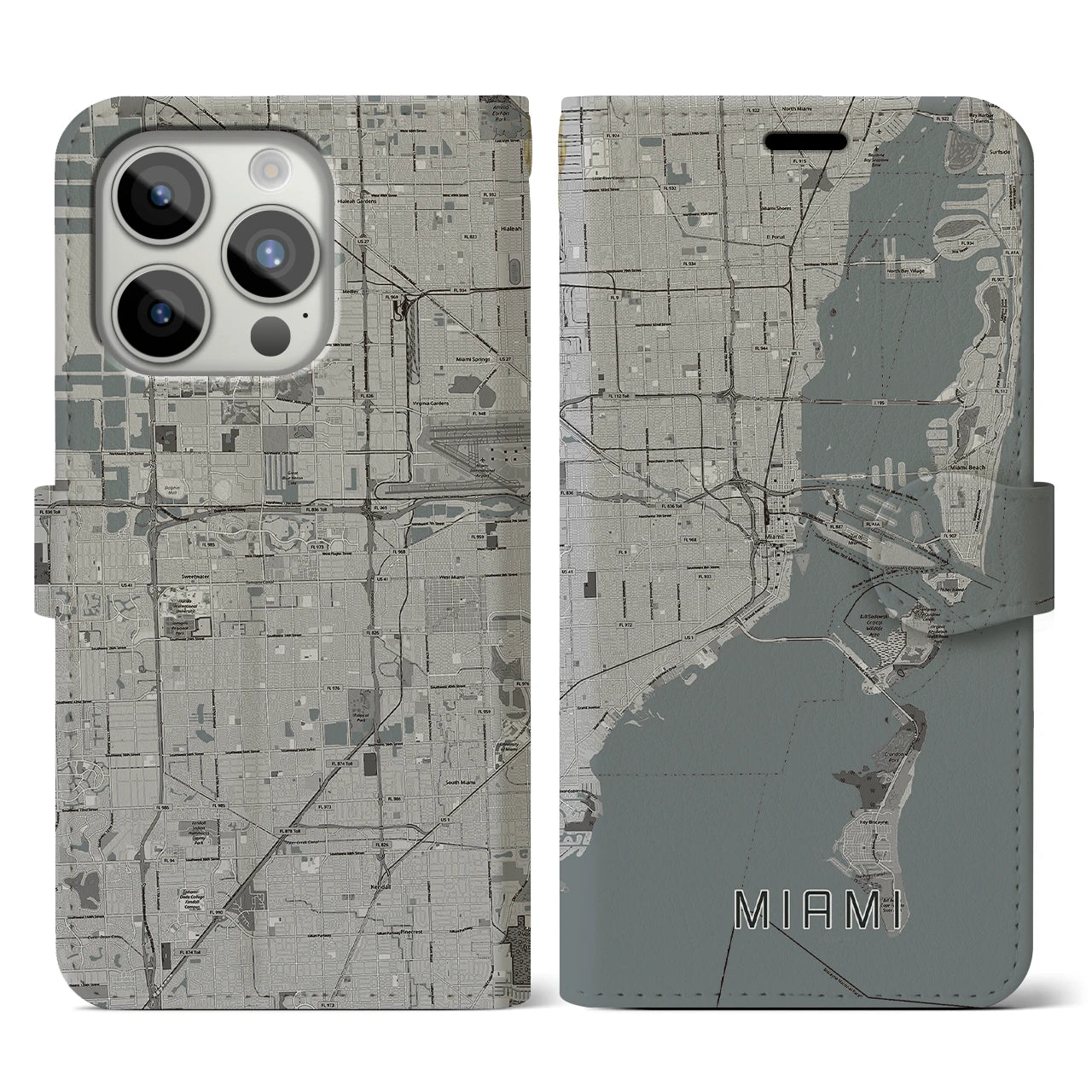 【マイアミ】地図柄iPhoneケース（手帳両面タイプ・モノトーン）iPhone 15 Pro 用