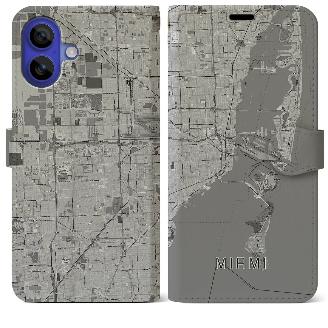 【マイアミ(アメリカ)】地図柄iPhoneケース(手帳タイプ)モノトーン・iPhone 16 Pro Max 用