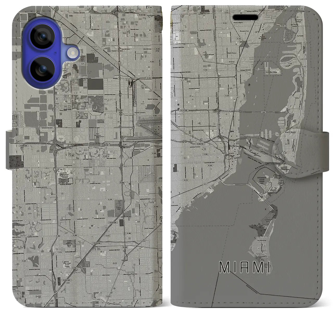 【マイアミ（アメリカ）】地図柄iPhoneケース（手帳タイプ）モノトーン・iPhone 16 Pro Max 用