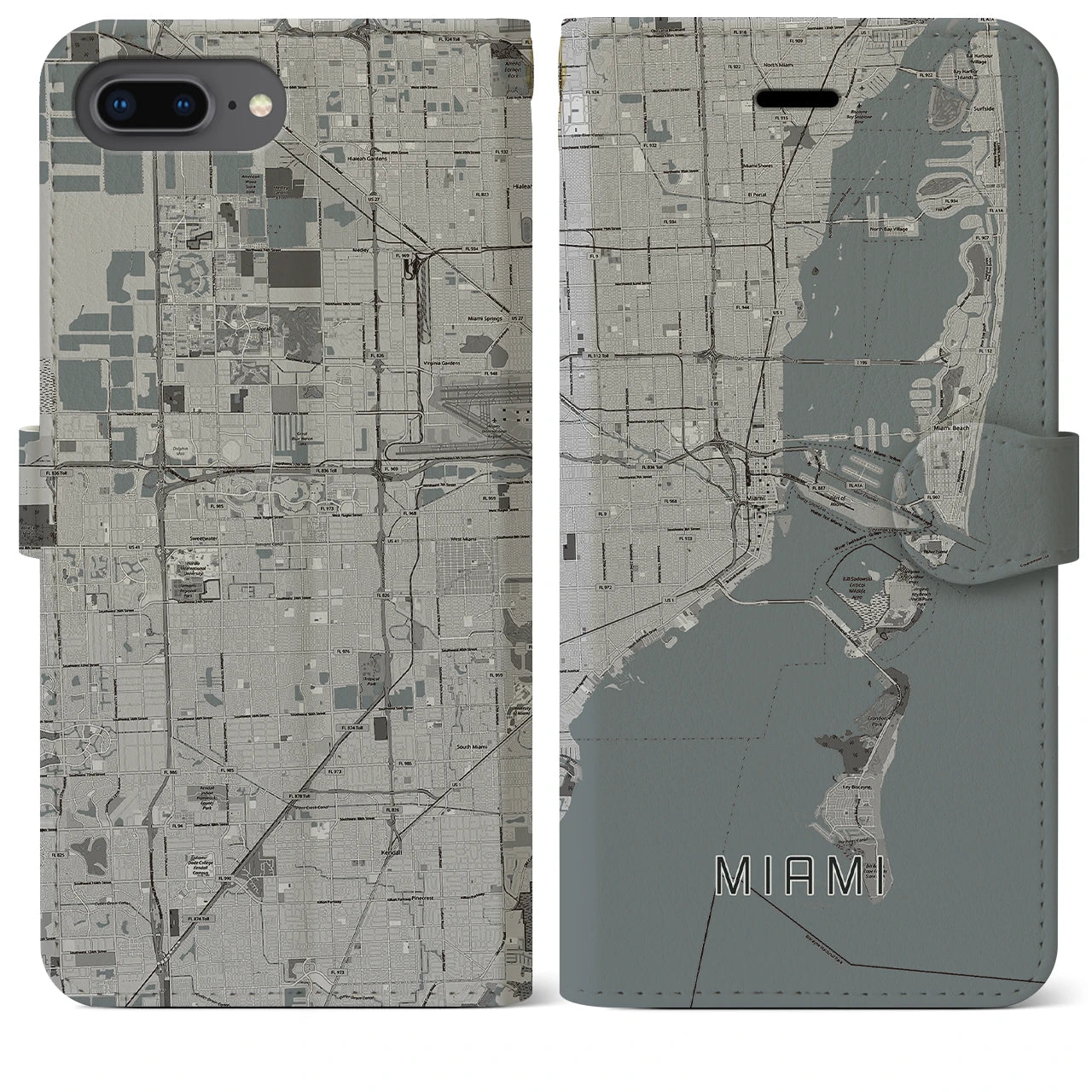 【マイアミ】地図柄iPhoneケース（手帳両面タイプ・モノトーン）iPhone 8Plus /7Plus / 6sPlus / 6Plus 用