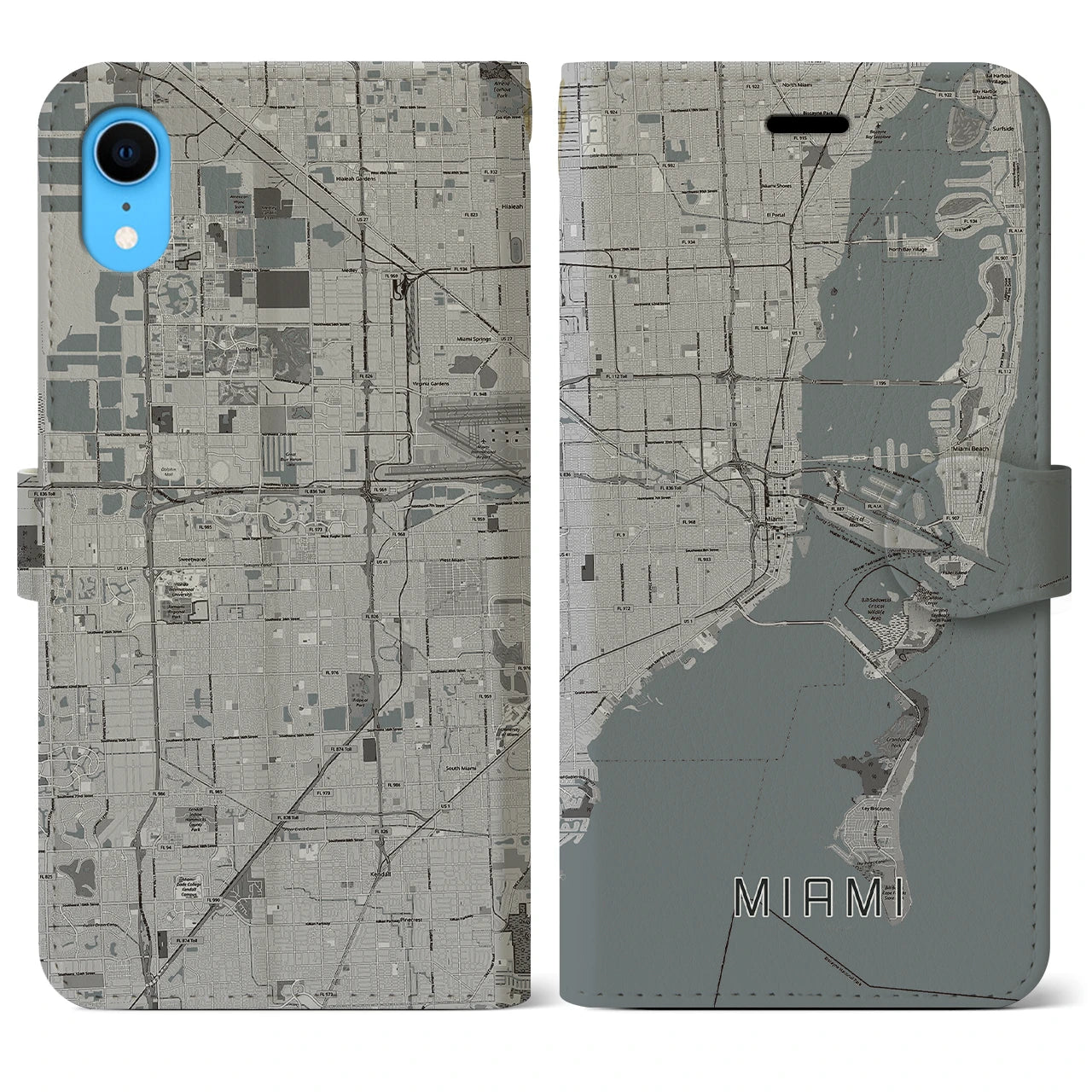 【マイアミ】地図柄iPhoneケース（手帳両面タイプ・モノトーン）iPhone XR 用