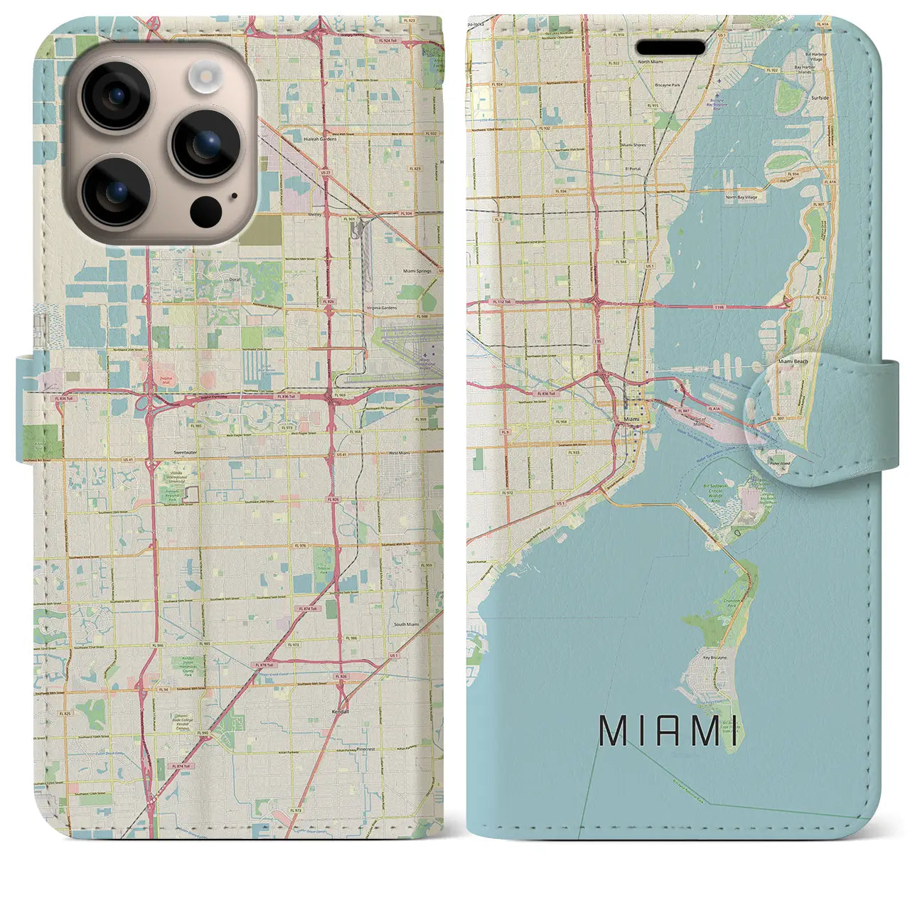 【マイアミ（アメリカ）】地図柄iPhoneケース（手帳タイプ）ナチュラル・iPhone 16 Plus 用