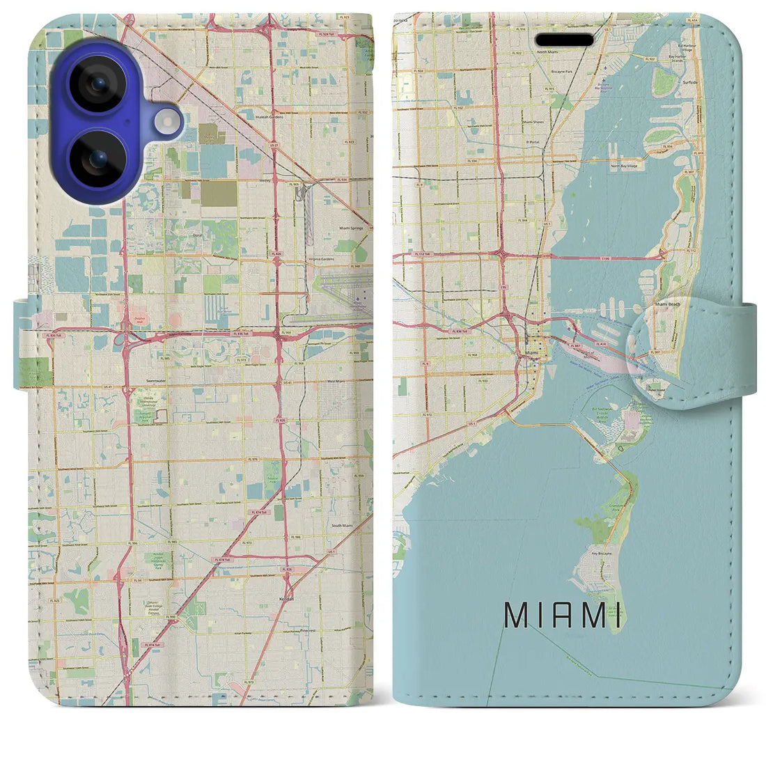 【マイアミ(アメリカ)】地図柄iPhoneケース(手帳タイプ)ナチュラル・iPhone 16 Pro Max 用